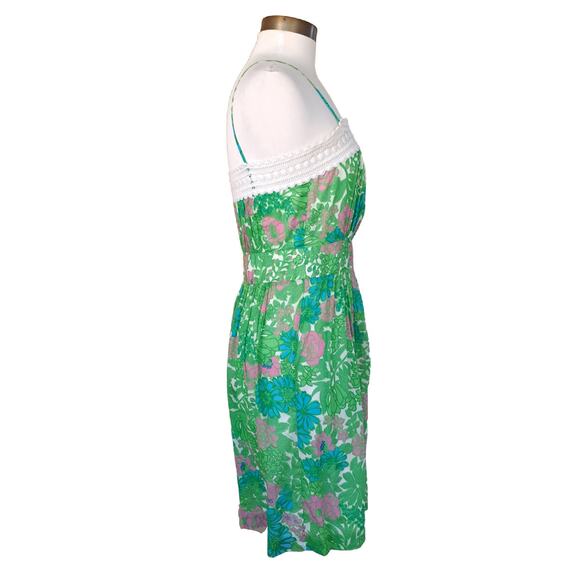 Milly Floral Sun Dress Ping Green Blue Retro Lace Trim - Picture 3 of 8